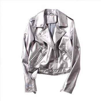 HWL Уличная Одежда, Женская Свободная серебристая куртка из искусственной кожи Pu с поясом, Весна-осень, женское мото-байкерское пальто на молнии, Верхняя одежда