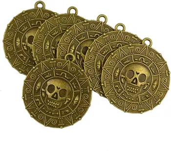 6шт Панк Пираты на Хэллоуин, Монета ацтеков, Медальон, ожерелье с черепом, подвеска из бронзы