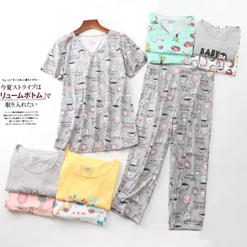 Женские летние топы для сна с коротким рукавом и укороченные брюки для пижамы, женский тонкий комплект домашней одежды, милая пижама с милым принтом