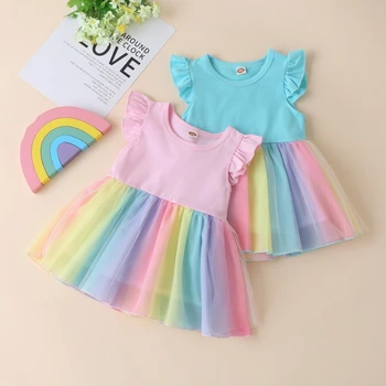 Летнее платье для маленьких девочек Хлопковые платья для маленьких девочек с сетчатыми рукавами-фонариками Милое Повседневное Модное платье принцессы Одежда для девочек
