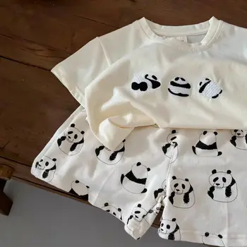 Детская одежда: Летняя футболка для девочек с рисунком мультяшной панды + шорты, комплект из двух предметов, лето 2023 г.