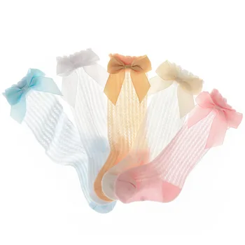 Детские Носки в сеточку с бантиком до колена в королевском стиле для девочек.Носки-трубочки с бантиком для малышей, детские открытые носки, одежда от 0 до 3 лет