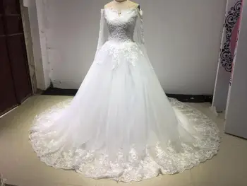 Платье-шлейф с вырезом лодочкой и длинным рукавом, свадебное платье из тюля с аппликацией, расшитое бисером, свадебные платья на заказ