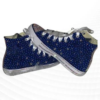 Темно-синие парусиновые туфли с высоким берцем и лентой, Удобные кроссовки для ходьбы, Удобная вулканизированная обувь ручной работы Со стразами 35-46