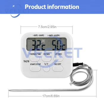 Цифровой термометр TA278, многофункциональный кухонный термометр, таймер, Пищевой термометр, Белый термометр из нержавеющей стали