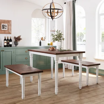 TOPMAX Кухонный обеденный стол из массива дерева в стиле ретро в фермерском доме из 3 частей, уголок для завтрака с 2 скамейками\  Вишневый + белый