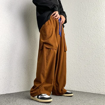 Модные вельветовые мужские шаровары оверсайз, модный дизайн, Свободные прямые повседневные брюки с завязками в стиле хип-хоп.