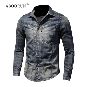 ABOORUN 2021, мужские джинсовые рубашки с принтом в стиле пэчворк в стиле ретро, высококачественные хлопчатобумажные рубашки с длинным рукавом для мужчин