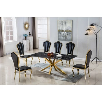 Современный прямоугольный мраморный стол для столовой / кухни, мраморная столешница толщиной 1,02 дюйма, основание из нержавеющей стали с золотой отделкой