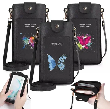 Женские сумки из искусственной кожи, кошельки с принтом бабочки, кошелек для мобильного телефона с сенсорным экраном, сумка через плечо, сумочка для леди, кошелек для монет