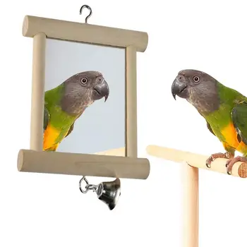 Игрушечное зеркало для птиц с колокольчиком, деревянное двустороннее зеркало, забавная игрушка для птиц-попугаев, Износостойкая игрушка для домашних птиц, зеркальная клетка для птиц