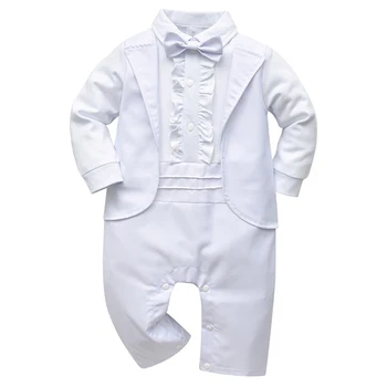 Детское Белое платье для крещения для маленьких мальчиков с длинным рукавом, поддельные дизайнерские ползунки из 2 предметов, 3, 6, 9, 12, 18 месяцев, 1-й официальный наряд для крещения ребенка