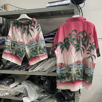 ss Розовая рубашка Casablanca с принтом кокосовой пальмы, мужские и женские гавайские рубашки, футболка для тренажерного зала y2k