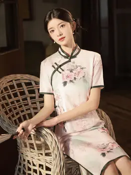 Улучшенный воротник-стойка, пуговицы, летнее длинное платье Ципао в винтажном китайском стиле с элегантным цветочным принтом.