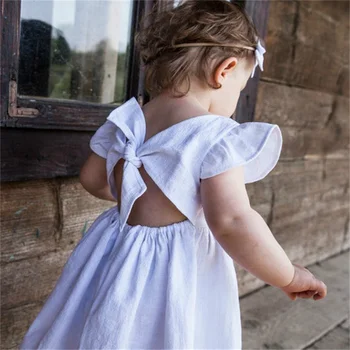Летнее платье для маленьких девочек, однотонная Детская юбка, хлопковый льняной сарафан с развевающимися рукавами, Платье принцессы с бантом, детское праздничное платье