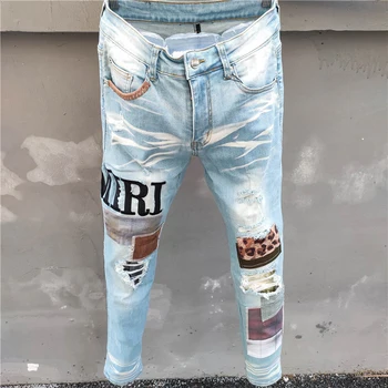 2022 Новая вышивка в стиле пэчворк, модные брендовые джинсы для мужчин, High Street, новые синие джинсы-стрейч Slim Fit, дизайнерские джинсы большого размера, мужские джинсы