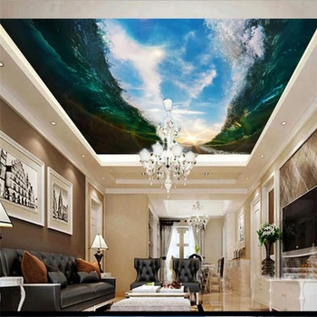 обои wenyu на заказ эффектные 3D обои волны голубое небо белые облака потолочные фрески обои для потолка спальни papel de parede