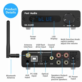 Аудиоусилитель Fosi DA2120B Bluetooth TPA3116 Стерео Аудио Класса D Беспроводной Усилитель Мощности Hifi 100 Вт Пассивные Динамики Пульт Дистанционного Управления