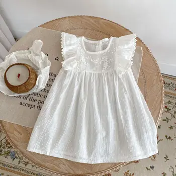 Летние платья для маленьких девочек, белое платье с цветочной вышивкой, милое дышащее платье без рукавов для именинницы, одежда