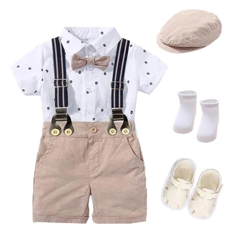 Летний Комбинезон для маленьких мальчиков, бутик-комплект одежды, хлопковое боди с модным принтом для новорожденных и шляпой, костюмы для дня рождения малышей