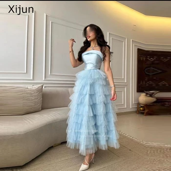 Вечерние платья Xijun Небесно-голубого цвета, Короткое платье для выпускного вечера, Вечерние платья с оборками, Трапециевидное платье с оборками, Многоуровневые вечерние платья