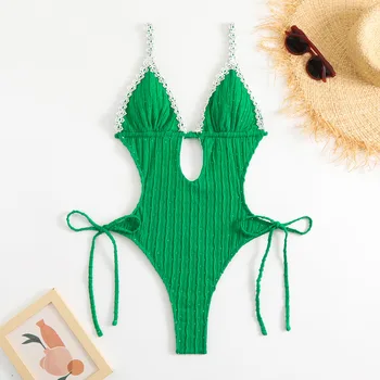 Цельный купальник для женщин 2023, кружевные лоскутные зеленые купальники-стринги с открытой спиной, пляжный купальный костюм, монокини с завязками сбоку и без спинки.