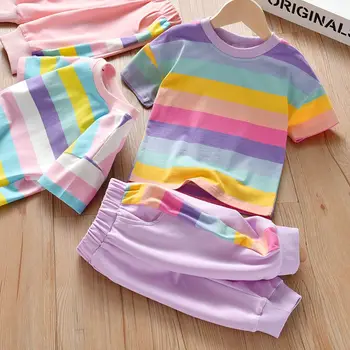 Радужный летний комплект для девочек, новая детская одежда в западном стиле, универсальная рубашка с короткими рукавами, укороченные повседневные брюки, комплект из двух предметов