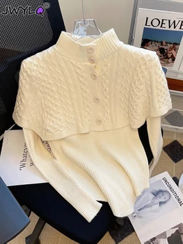 Корейский модный плащ-свитер, комплект из 2 предметов, Новый свитер с V-образным вырезом, топ с кисточками, однобортный кардиган с круглым вырезом, вязаная шаль, комплект