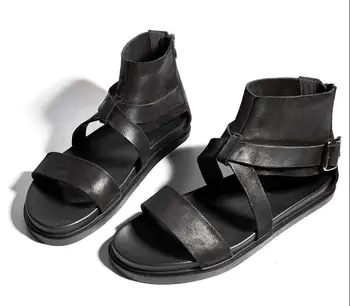 Мужские модные римские сандалии с высоким голенищем, черные сандалии из натуральной коровьей кожи, молодежные пляжные сандалии для отдыха, обувь с открытым носком