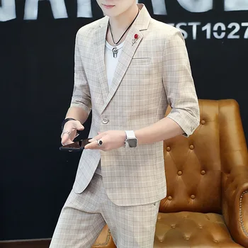 Новый Летний Клетчатый костюм в тонкую клетку со средним рукавом (куртка + брюки), мужская Корейская версия костюма-двойки с коротким рукавом цвета Хаки серого цвета