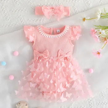 Тюлевое платье-ползунки для маленьких девочек с рукавами-крылышками, комбинезоны с 3D бабочкой и бантом, платье для новорожденных, боди в рубчик, платье + повязки на голову, наряды