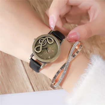 Персонализированные женские часы с музыкальным символом, модные Ретро-часы, корпус из античной латуни, Тонкий ремешок, повседневные кварцевые часы