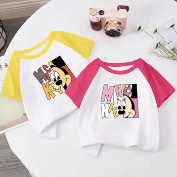 Детская футболка с короткими рукавами в цветном блоке, летняя повседневная футболка с принтом Микки и Минни Маус для девочек и мальчиков