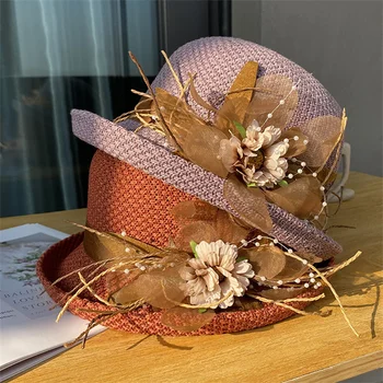 Складная солнцезащитная шляпа Женская Летняя соломенная шляпа с цветочным узором для отдыха, повседневная праздничная женская модная пляжная шляпа-ведро, женская свадебная кепка