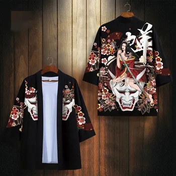 Мужское Черное кимоно с принтом Демона, Японская Юката, Азиатская одежда, рубашка-кардиган, Традиционные Кимоно Хаори