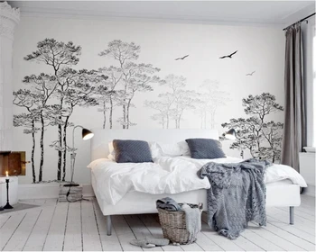 Пользовательские обои Домашняя Декоративная фреска Черно-белый Эскиз Абстрактное Дерево Летящая птица ТВ Фон стены 3D обои Beibehang