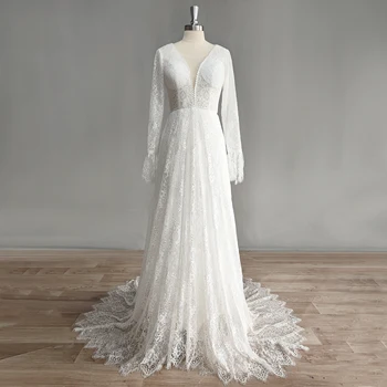 DIDEYTTAWL, настоящее фото, Свадебное платье в стиле Бохо с длинными рукавами и глубоким V-образным вырезом, кружевное свадебное платье трапециевидной формы с открытой спиной и шлейфом.