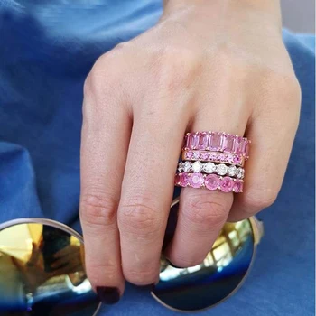 Серебряный цвет Круглый Micro Pave 5A CZ Eternity Band Stack Розовое кольцо на палец Прямоугольное Обручальное кольцо с кубическим цирконием для женщин Ювелирные изделия