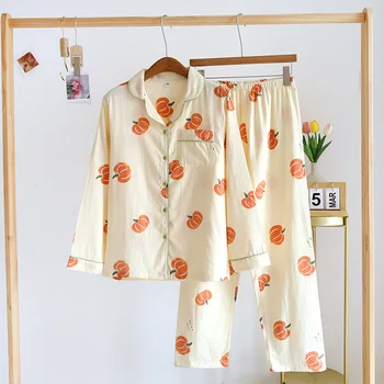Пижамный комплект с принтом тыквы - женские хлопчатобумажные брюки с длинным рукавом и двухслойный тонкий газовый кардиган для удобной домашней одежды
