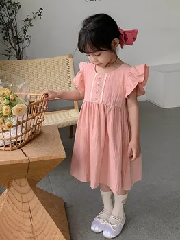 Новые летние Корейские платья 2023 для девочек, детская одежда, детское платье из цельного хлопка с цветочной вышивкой, платье с рукавами-лепестками, повседневное платье