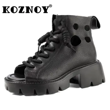 Босоножки Koznoy 6 см, дышащие летние полые женские мокасины на молнии, мягкие Модные новинки в женских ботинках, обувь из натуральной кожи