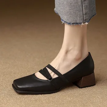 Женские туфли-лодочки с перекрестной шнуровкой, туфли Мэри Джейн с квадратным носком и эластичной лентой, Кожаные дизайнерские туфли-лодочки на шнуровке на среднем каблуке 1047N