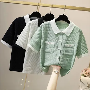 Летняя трикотажная рубашка в стиле пэчворк, женские однобортные топы с отложным воротником и короткими рукавами, повседневная модная футболка с карманом