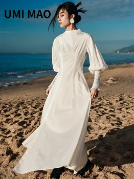 UMI MAO Летний Нишевый Дизайн Для Женщин 2023 Весна Новый Стиль Пояс С Рукавом-Фонариком Длинное Платье Средней Длины Femme Y2K