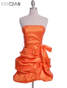 Реальные фотографии Коктейльное платье из оранжевой тафты без бретелек с рюшами без бретелек