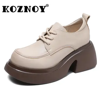 Женские мокасины Koznoy 7,5 см, Мэри Джейн, британская платформа, танкетка, Удобная резиновая обувь на шнуровке, натуральная кожа, демисезонная обувь