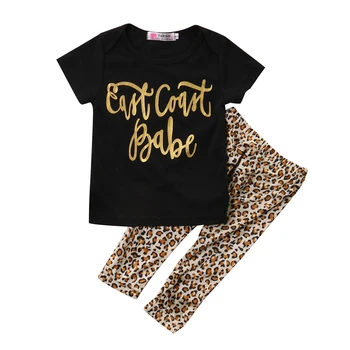 Комплекты летней одежды для маленьких девочек от 0 до 4 лет с буквенным леопардовым принтом, Футболки с короткими рукавами, Топы + брюки