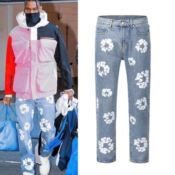 Брюки Kanye Jeans с цветочным принтом в виде цветочного блока, негабаритная уличная одежда, прямые повседневные мужские и женские джинсовые брюки в стиле ретро