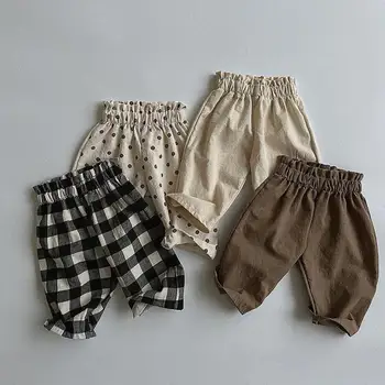 Детские винтажные клетчатые брюки, Детские Свободные широкие брюки для мальчиков, Весенне-летние хлопковые брюки в горошек, Универсальные хлопковые брюки с высокой талией