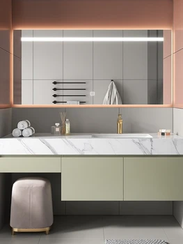 Шкаф для ванной комнаты с каменной плитой, Современный минималистичный шкаф для умывальника из массива дерева, Групповой светильник, Роскошный зеркальный шкаф, водонепроницаемый